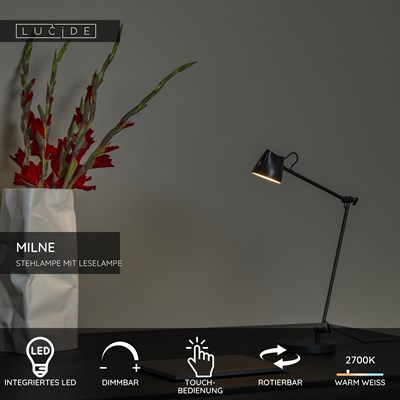 Lucide MILNE - Stehlampe Mit Leselampe - LED Dim. - 1x8W 2700K - Schwarz